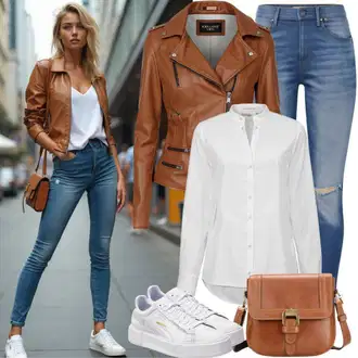 80tá léta Outfit s Khaki/Hnědá/Béžová Kožené Bund Kožená vintage bunda/Bunda s Bočním Zipem/Kožená Bomber Bund/Motorkářská bunda/Motorkářské Bund/Bunda z Umělé Kůže/Kožené Bund Only "Jarní outfit"Look: Western, Moderní, Mom, Krásný, Venkovní, Univerzitní, Pracovní oděvy, 80tá léta