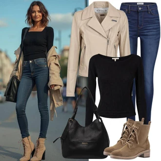 Outfit s Hnědá/Tmavě hnědá Motorkářská Bota/Bojová Bota/Motorkářská bota/Šněrovací Kozačka Mustang "Jarní vzhled"