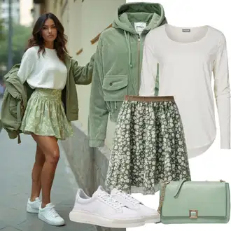 Outfit s Zelená/Tmavě zelená/Khaki Bomber/Univerzitní Bunda/Trenérská bunda/Vintage Bund Only "Jarní vzhled"