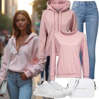 Outfit s Hnědá/Černá/Růžová Mikina s kapucí/Dámský Svetr/Fleecový Svetr/Svetr s kapucí/Mikina s kapucí Originální mikina/Svetr S Kapucí/Oversize mikina/Kožená bunda/Sportovní mikina/Sportovní mikina/Unisex Mikina s kapucí Boss, Růžová Pletená Mikina s kapucí/Svetry 2 v 1/Basic Svetr/Kašmírový Svetr/Svetr z Jemné Pleteniny/Svetr s kapucí/Svetr Niki/Svetr se zipem/Jednoduchý Svetr About You "Jarní vzhled"