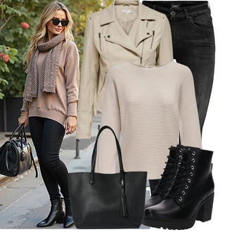 Outfit s Černá/Tmavě šedá/Šedá/Světle šedá/Khaki Kožená bunda/High Waist Džínové Kalhoty/Motorkářské Džíny/Termální Džíny/Push up Džín/Kožené Boty/Zimní bunda/Džíny s Rozparkem Only "Lehký outfit"