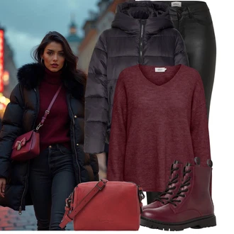 Outfit s Černá Prošívaná Bunda/Puchová Bund/Udržitelná bunda/Nafukovací Bund/Bunda s Kapucí/Podzimní bunda/Zimní Bund VERO MODA "Lehký outfit"
