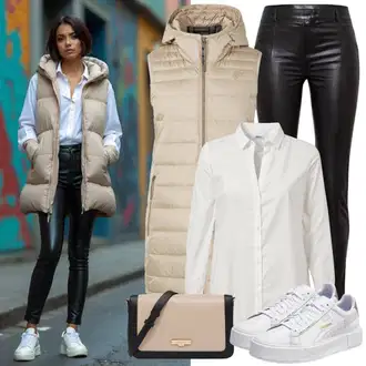 Outfity na zimu s Šedá/Bílá Teniska na platformě/Nízká Teniska Puma "Lehký outfit"