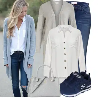 Outfit s Modrá/Tmavě modrá/Světle modrá Teniska teddy/Letní tenisky/Teniska se zapínáním na suchý zip/Úzká teniska/Nízká Teniska/Vintage teniska Skechers "Stylový look na jaro"