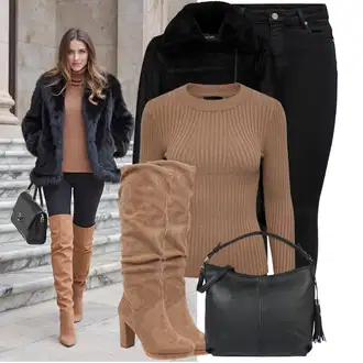 Outfit s Hnědá/Khaki/Béžová/Šedá Basic Svetr/Rolák/Svetr s Kulatým Výstřihem/Termo Svetr/Svetr z Jemné Pleteniny/Jednoduchý Svetr/Svetr s Výstřihem Pieces "Stylový look na jaro"