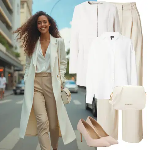 Kombinace Béžová/Khaki Kalhoty se Štěrbinou/Plisovaná Kalhoty/Paperbag Kalhoty/Marlene Kalhoty/Široká Kalhoty/Mušelínové kalhoty/Kalhoty s nášivkou uprostřed/Kalhoty s Vysokým Pasem Leger by Lena Gercke kombinovat s Bílá/Krémová Halenka se Stojatým Límcem/Žehlení odolná blůza/Blůza s nášivkou na lokti/Blůza s knoflíčkem/Crash blůza/Halenkové Body/Halenka s Dlouhým Rukávem/Oversize Halenka/Slip-on Halenka/Oversize Muselínová Blůza/Businessová Halenka VERO MODA