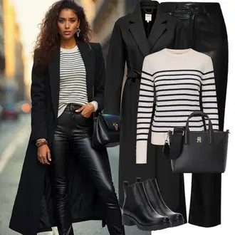 Outfit sa Crna Chelsea Gležnjača/Kožna Jakna/Gumena Gležnjača/Ravna Gležnjača About You "Elegantan zimski outfit"