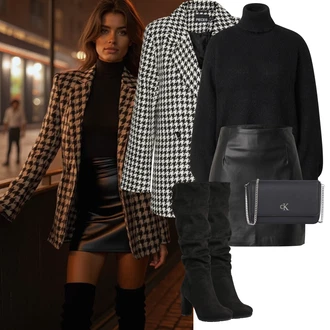 Outfit s Černá Kozačka Na Podpatku/Dlouhá Kozačka/Kozačka nad Kolena/Bota se širokým nohavici/Špičatá Kozačka/Kozačka po Kolena About You "Elegantní zimní outfit"