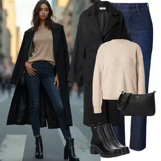 Outfit sa Crna Chelsea Gležnjača/Kožna Jakna/Gumena Gležnjača/Ravna Gležnjača About You "Zimski look"