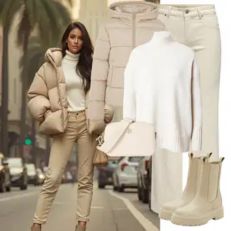 Outfit sa Kaki/Smeđa/Bež Chelsea Gležnjača/Gumena Gležnjača/Kožna Jakna Edited "Zimski look"