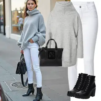 Kombinacije s čizmama sa Crna Poslovna Obuća/Cipela s ručnikom/kožena cipela/Chelsea Gležnjača/Motociklistička čizma About You "Zimski look"