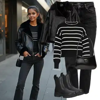 S zakovicama Outfit sa Crna Chelsea Gležnjača/Kožna Jakna Tamaris "Zimski look"Look: Trekking, Jahanje, Skating, S zakovicama