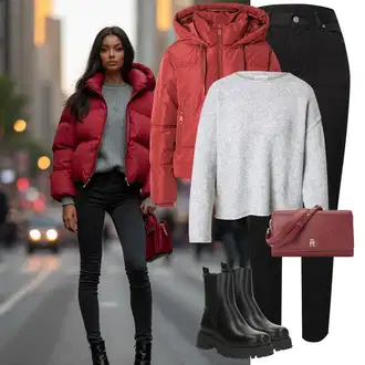 Outfit sa Crna Ravna Gležnjača/Chelsea Gležnjača/Podstavljena Gležnjača About You "Zimski look"
