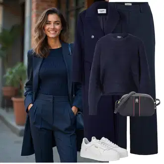 Outfit s Tmavě modrá/Modrá Široká Kalhoty/Twillová Kalhoty/Tesařská kalhoty/Marlene Kalhoty/Kožená Pánská Bund/Mušelínové kalhoty/Palazzo Kalhoty/Kalhoty se Štěrbinou Object "Elegantní zimní outfit"