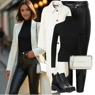 Outfit sa Crna Chelsea Gležnjača/Kožna Jakna/Gumena Gležnjača/Ravna Gležnjača About You "Savršen za zimu"