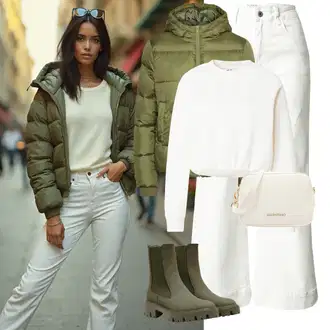 Outfit s Krémová/Bílá/Khaki Zvonová Kalhoty/Kalhoty s Vysokým Pasem/Kalhoty se Štěrbinou/Kalhoty Bootcut/Rozšířená Kalhoty/Twillová Kalhoty/3/4 Kalhoty/Culotte Kalhoty/Marlene Kalhoty/Široká Kalhoty about you x iconic by tatiana kucharova "Zimní look"