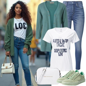 Fancy Outfit s Bílá/Mátově zelená Tričko s nápisem/Top/Košile s potiskem/Těhotenské tričko/Fancy tričko relevance "Městský styl Outfit"Look: Fancy, Glamourové, Lesk, Bad Taste, Burleska, Disko, Slavnostní