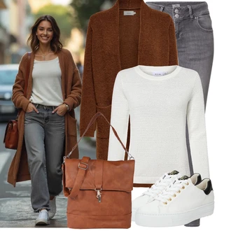 Outfit s Bílá/Béžová/Krémová Teniska na platformě/Nízká Teniska/Kožené Tenisky/Úzká Teniska Paul Green "Zimní outfit pro volný čas"