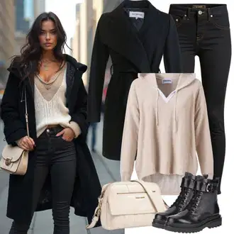 Outfit sa Bež Vintage majica s kapuljačom/Majica od flisa/Hoodie s poluzatvaračem/Sportska majica/Kožna jakna fcuk "Modni izgled"