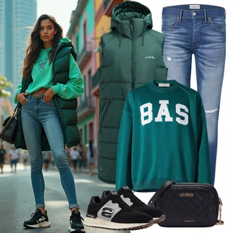 Outfit s Modrá Boyfriend Džínové kalhoty/Navlékací džíny/Zkrácené Džíny/Sweat Džíny/Pánské tričko Only "Módní jarní outfit"
