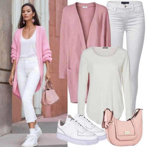 Kombinace Bílá/Krémová Blůza s knoflíčkem/Halenka se Stojatým Límcem/Halenka s Dlouhým Rukávem/Oversize Halenka/Slip-on Halenka Selected kombinovat s Růžová Pletený Oděv Zimní svetr/Letní svetr/Dlouhé Kardigany/Kašmírový kardigán/Vlněný kardigán/Kardigán s výstřihem do V/Svetr s podšívkou More & More