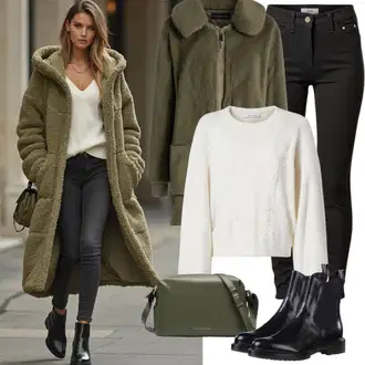 Zimske Outfiti Kratka mit Krem/Bela Kvačkan pulover/Pulover z Izrezom/Pleteni Pulover medicine "Modni pomladni outfit"