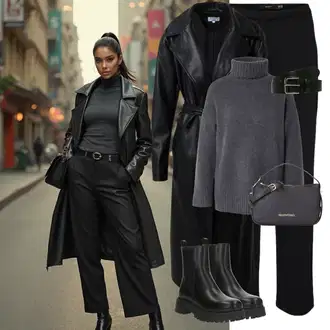 Outfit sa Crna Ravna Gležnjača/Chelsea Gležnjača/Podstavljena Gležnjača About You "Zimski look"