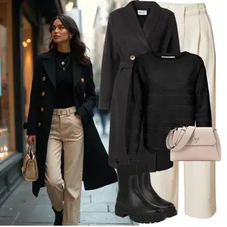 Outfit s Béžová/Khaki Kalhoty se Štěrbinou/Plisovaná Kalhoty/Paperbag Kalhoty/Marlene Kalhoty/Široká Kalhoty/Mušelínové kalhoty/Kalhoty s nášivkou uprostřed/Kalhoty s Vysokým Pasem Leger by Lena Gercke "Zimní look"