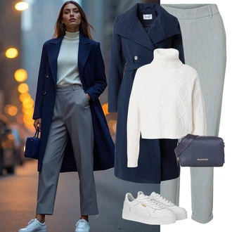 Outfit s Šedá/Světle modrá/Modrá/Světle šedá 3/4 Kalhoty/Kalhoty s nášivkou uprostřed/7/8 Kalhoty/Úzká Kalhoty/Navlékací Kalhoty/Bengaline Kalhoty/Mušelínové kalhoty VERO MODA "Zimní look"