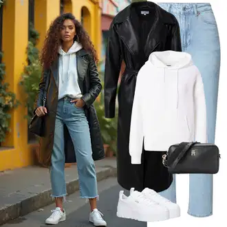 Materijal koji upija znoj Outfit sa Krem/Bijela Pletena dukserica/Džemper s kapuljačom/Džemper od Flisa/Džemper Za Žene/Pulover S Kapuljačom/Sportska majica/Oversize majica s kapuljačom/Otmjena majica s kapuljačom/Partnerska Majica S Kapuljačom/Sportska dukserica/Unisex Majica S Kapuljačom Guess "Moderan zimski outfit"