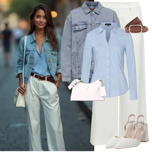 Kombinace Krémová/Šedá/Světle zelená/Khaki/Bílá/Béžová Široká Kalhoty/Palazzo Kalhoty/Kalhoty s Vysokým Pasem/Culotte Kalhoty/Kalhoty se Štěrbinou/Marlene Kalhoty Object kombinovat s Světle modrá Halenka Slim Fit/Halenkové Body/Žehlení odolná blůza/Halenka s Dlouhým Rukávem/Businessová Halenka/Blůza s knoflíčkem More & More