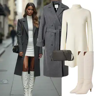 Outfity na podzim s Béžová/Bílá/Khaki Dlouhá Kozačka/Kozačka po Kolena/Kozačka nad Kolena/Vintage kozačka/Špičatá Kozačka About You "Elegantní zimní outfit"