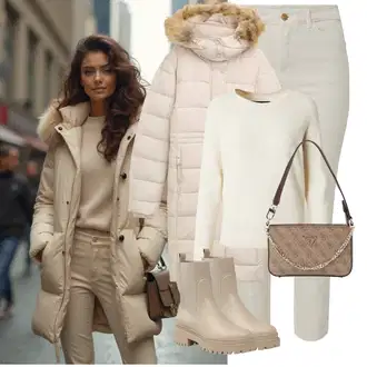 Outfit sa Bež/Smeđa/Kaki Kožna Jakna/Podstavljena Gležnjača/Gumena Gležnjača/Ravna Gležnjača/Chelsea Gležnjača About You "Savršen za zimu"