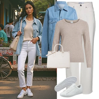 Nadrozměrné Outfit s Modrá/Světle modrá Košilová bunda/Vintage Bund/Džínové Bund/Udržitelná bunda/Krátké Džínové Bundičky Adidas Originals "Perfektní na zimu"Look: Nadrozměrné, Pracovní oděvy, Vintage, 90tá léta, Retro