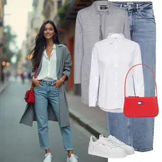 S Pertlanjem Outfit sa Svjetloplava/Plava Traperice Široke Nogavice/Formalna Košulja/Dad Traperice/Traperice s Prorezom/Mom Jean/Vrećaste Traperice/High Waist Traperice/Traperice Opuštenog Kroja/Vintage traperice/Culotte Traperice Only "Cool zimski outfit"