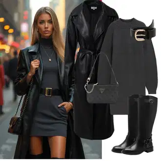 Outfit sa Crna Ležerni Remen/Kožni Remen/Široki Pojas/Klasični Remeni/Ženski Opasak bez Kopče About You "Elegantan zimski outfit"