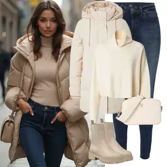 Outfit sa Bež/Smeđa/Kaki Kožna Jakna/Podstavljena Gležnjača/Gumena Gležnjača/Ravna Gležnjača/Chelsea Gležnjača About You "Zimski look"