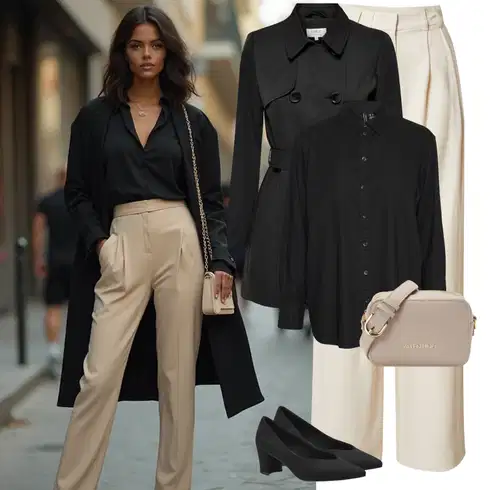 Kombinace Béžová/Khaki Kalhoty se Štěrbinou/Plisovaná Kalhoty/Paperbag Kalhoty/Marlene Kalhoty/Široká Kalhoty/Mušelínové kalhoty/Kalhoty s nášivkou uprostřed/Kalhoty s Vysokým Pasem Leger by Lena Gercke kombinovat s Černá/Tmavě hnědá Halenka se Stojatým Límcem/Oversize Muselínová Blůza/Lněná Halenka/Blůza s nášivkou na lokti/Oversize Halenka/Dlouhá Halenka/Tunikové Tričko/Blůza s knoflíčkem VERO MODA