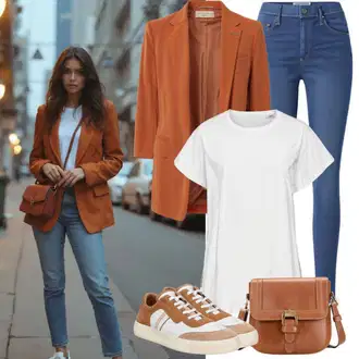 Outfity pro léto Elegantní, Sportovní s Hnědá/Oranžová Kožené tenisky/Úzká teniska/Teniska teddy/Nízká Teniska Kazar "Outfit pro jaro"Look: Ležérní, Chytrý příležitostný, Sportovní