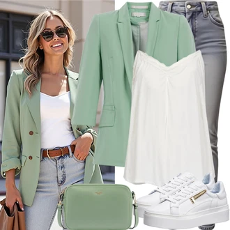 Outfit s Šedá/Bílá/Světle šedá Kožená bunda/Kožené Boty/Zimní bunda/Termální Džíny/Push up Džín/Dámské Džíny s Délkou 7/8/Slim Fit Džíny/Kotníková Bota/Motorkářské Džíny/Kožená Pánská Bund/Džíny s Rozparkem/High Waist Džínové Kalhoty jjxx "Outfit pro jaro"