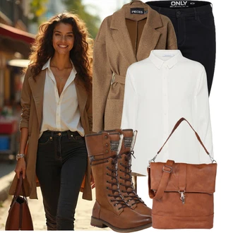Outfit s Tmavě hnědá/Hnědá/Béžová/Oranžová Šněrovací Kozačka/Bota se širokým nohavici/Jezdecká Bota/Vintage kozačka/Motorkářská Bota/Bojová Bota/Motorkářská bota/Dlouhá Kozačka/Nepromokavá kozačka Mustang "Outfity na volný čas"