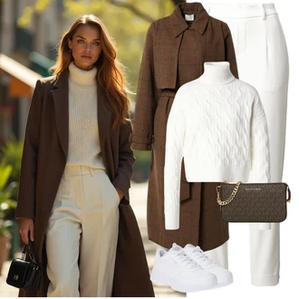 Outfit sa Bijela/Krem/Kaki Hlača Velika Veličina Object "Savršen za zimu"