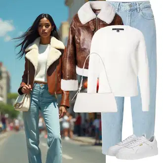 Outfit s Bílá/Krémová Sveter Basic Svetr/Kašmírový Svetr/Svetr z Jemné Pleteniny/Kašmírový Svetr/Jednoduchý Svetr/Vlněný Svetr/Svetr s Kulatým Výstřihem VERO MODA "Stylový zimní outfity"