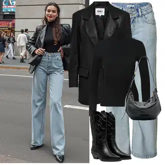 Outfit sa Svjetloplava/Plava Vintage traperice/High Waist Traperice/Traperice Opuštenog Kroja/Trapez Traperice/Dad Traperice/Muška majica/Vrećaste Traperice Kožna Muška Jakna/Traperica Niskog Struka/Traperice Široke Nogavice levi's ® "Moderan zimski outfit"