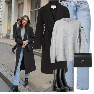 Outfit sa Crna Prijelazni Kaput/Dugi Kaput/Ljetni Kaput/Midi Kaput/Kaput od Kašmira/Vuneni Kaput/Trenč Kaput/Vuneni Kaput/Baloner Vila "Moderan zimski outfit"