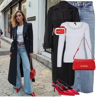 S Pertlanjem Outfit sa Svjetloplava/Plava Traperice Široke Nogavice/Formalna Košulja/Dad Traperice/Traperice s Prorezom/Mom Jean/Vrećaste Traperice/High Waist Traperice/Traperice Opuštenog Kroja/Vintage traperice/Culotte Traperice Only "Moderan zimski outfit"