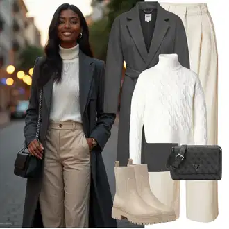Outfit sa Bež/Smeđa/Kaki Kožna Jakna/Podstavljena Gležnjača/Gumena Gležnjača/Ravna Gležnjača/Chelsea Gležnjača About You "Zimski look"