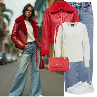 S Pertlanjem Outfit sa Svjetloplava/Plava Traperice Široke Nogavice/Formalna Košulja/Dad Traperice/Traperice s Prorezom/Mom Jean/Vrećaste Traperice/High Waist Traperice/Traperice Opuštenog Kroja/Vintage traperice/Culotte Traperice Only "Moderan zimski outfit"