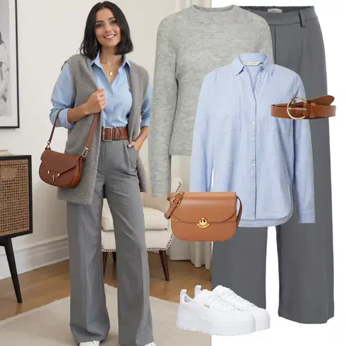 Kombinace Šedá/Tmavě šedá/Světle šedá Široká Kalhoty/Business Kalhoty/Marlene Kalhoty/Palazzo Kalhoty/Kalhoty se Štěrbinou/Plisovaná kalhoty/Kalhoty s nášivkou uprostřed/Kalhoty s Vysokým Pasem/Obleková Kalhoty/Plisovaná Kalhoty Object kombinovat s Světle modrá Businessová Halenka/Halenka s Dlouhým Rukávem/Džínsová Blůza/Blůza s nášivkou na lokti/Slip-on Halenka/Lněná Halenka/Blůza s knoflíčkem/Flanelová Halenka Tom Tailor