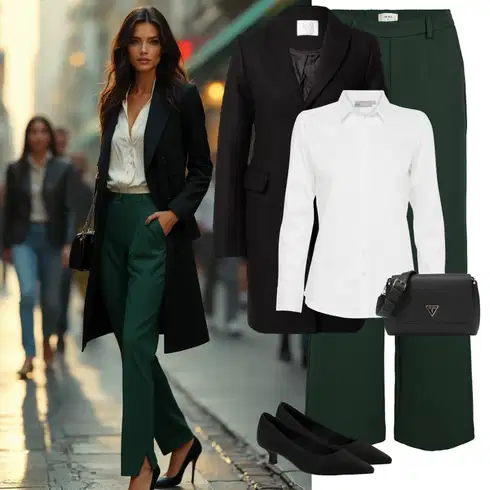 Kombinace Zelená/Tmavě zelená Kalhoty se Štěrbinou/Mušelínové kalhoty/Dlouhá Kalhoty/Palazzo Kalhoty/Marlene Kalhoty/Široká Kalhoty/Kalhoty Bootcut/Kožená Pánská Bund/Rozšířená Kalhoty/Kalhoty s Vysokým Pasem Object kombinovat s Bílá/Krémová Halenka Slim Fit/Halenka s Dlouhým Rukávem/Halenkové Body/Blůza s knoflíčkem/Businessová Halenka/Žehlení odolná blůza Fransa